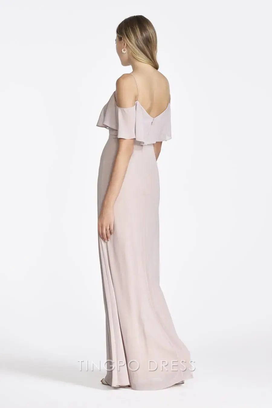 TingPo Wholesale Elegant Blush Pink Spaghetti Strap Off-Shoulder Dress - Ruffled Neckline Evening Gown